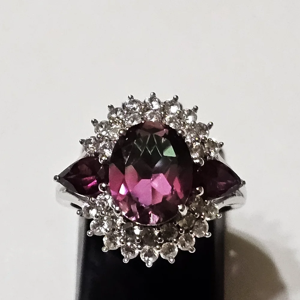 Genuine Watermelon Quartz & Multi Gemstone Ring Platinum over 925 Sz 6! - Picture 4 of 13